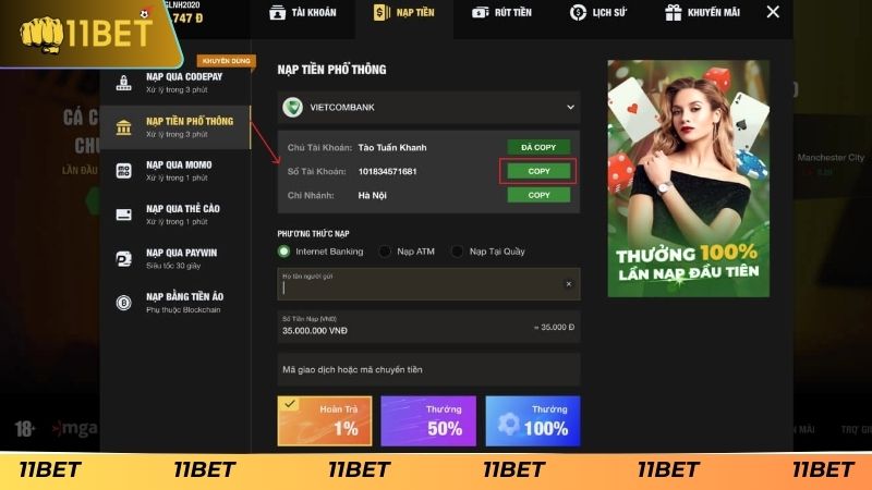 Phương thức nạp tiền 11BET qua ngân hàng